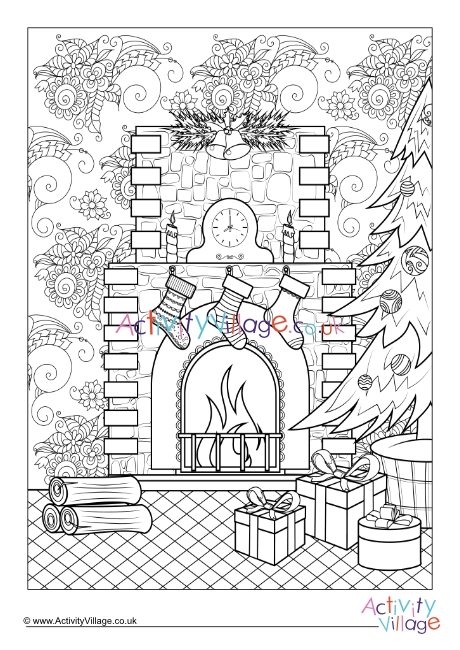 Christmas Fireplace Doodle Colouring Page