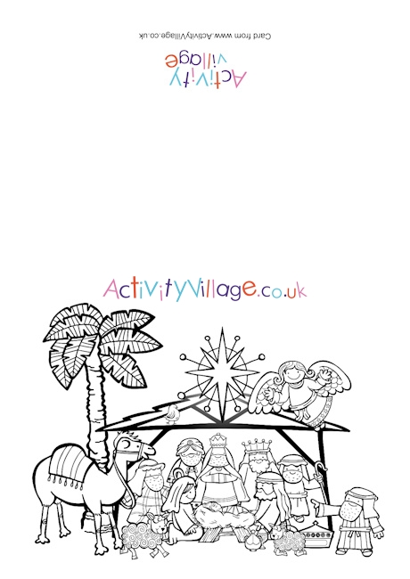 christmas nativity scene colouring card