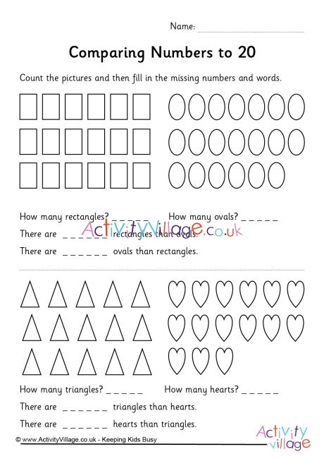 comparing numbers to 20 worksheet shape 1