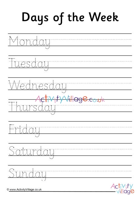 days of the week handwriting worksheet