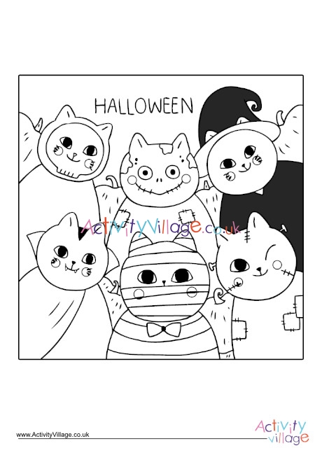 Halloween cat friends colouring page