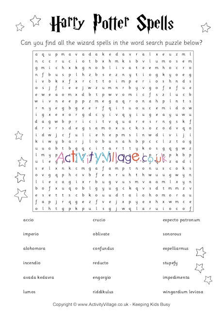 harry potter spells word search