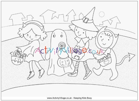 Kids trick or treating colouring page