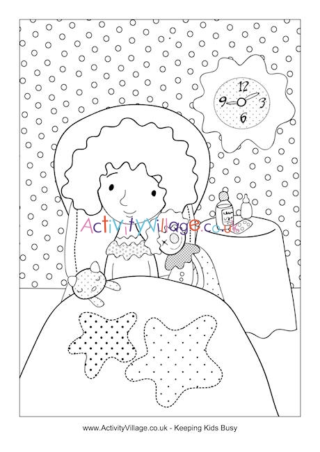 Little Girl in Bed Sick Colouring Page