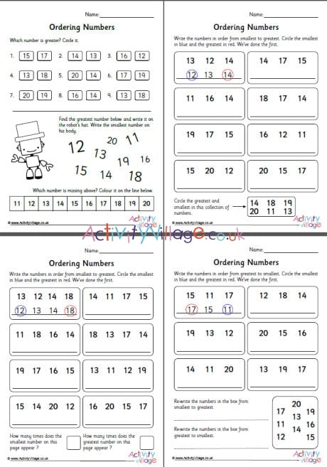 Ordering Numbers 11 To 20 Worksheets Set 1