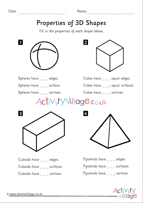 properties of 3d shapes worksheet first 4 shapes