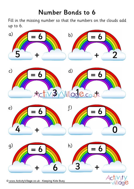 Rainbow Number Bonds Worksheet to 6