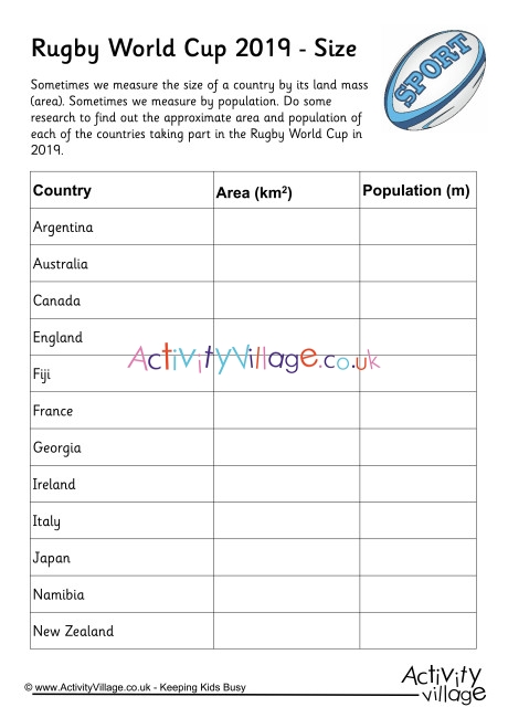 Rugby World Cup 2019 Size Worksheet