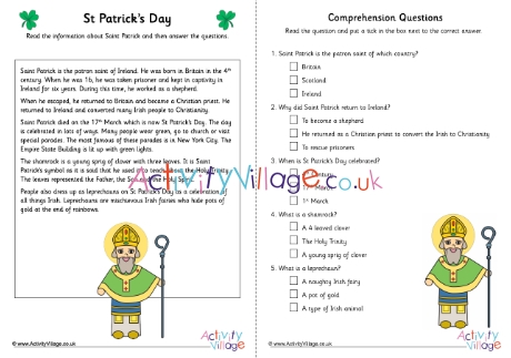 St Patrick's Day comprehension - multiple choice