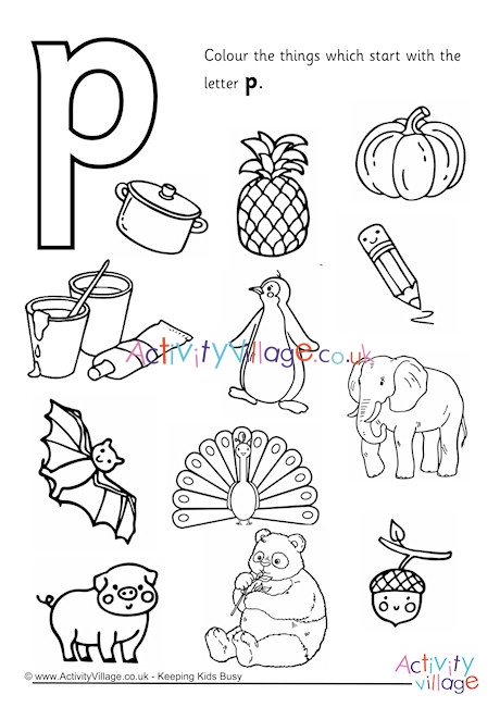 start with the letter p colouring page