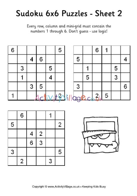 Printable Sudoku for Kids - 6x6 Grid - Sheet 1