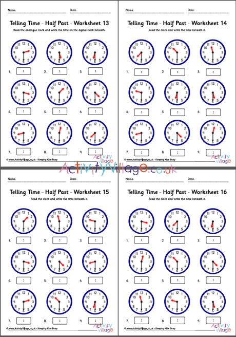 telling time worksheets half past pack 4