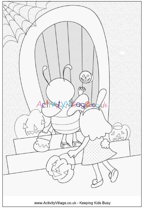 Trick or treating colouring page 2
