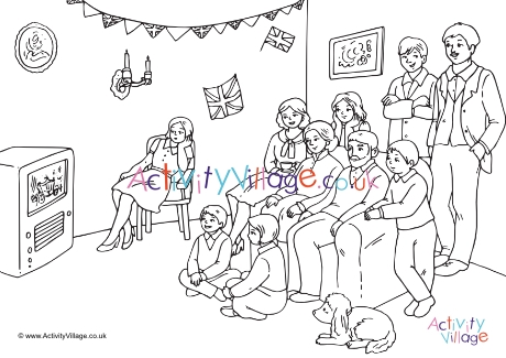 Watching the Queen's coronation colouring page